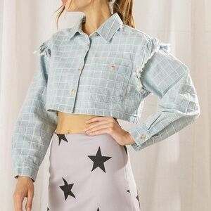Storia Cropped Denim Jacket Textured Ruffle Detail Light Blue Oversized Boxy